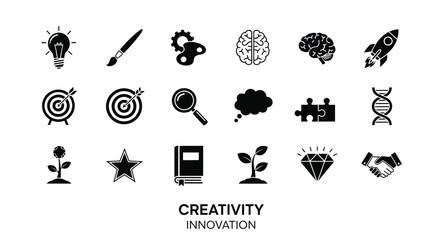 Collection of black icons representing creativity innovation and ideas silhouette © RABEYA