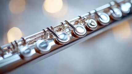 close-up of polished silver flute keys with soft bokeh lights, elegant and serene mood