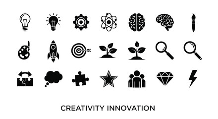 Collection of black icons representing ideas creativity and innovation silhouette © RABEYA