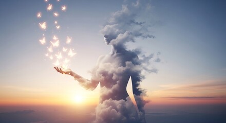 Ethereal human form dissolving into swirling clouds at sunset, releasing a flock of butterflies, a symbolic representation of transformation.
