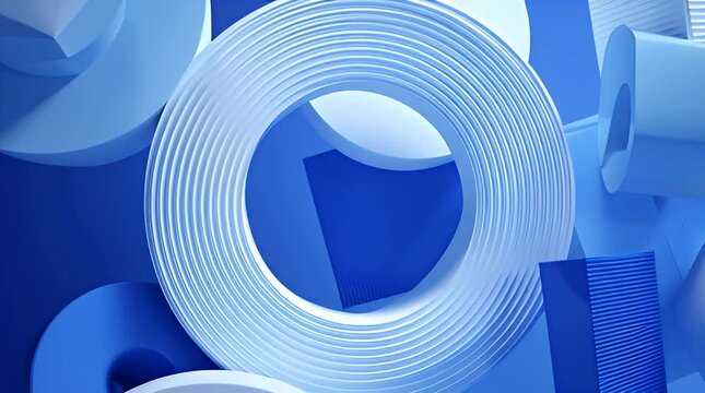 Abstract blue geometric shapes and circular forms create a modern, minimalist background for design