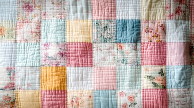 soft pastel patchwork quilt with floral fabric squares, grid quilting stitches and textured cotton, cozy handmade nostalgic feel