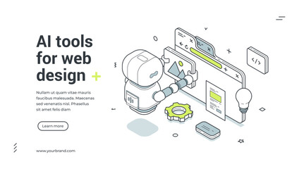 AI tools for web design isometric banner template. Artificial intelligence for website creation and UI UX development vector illustration. Modern concept for automation service
