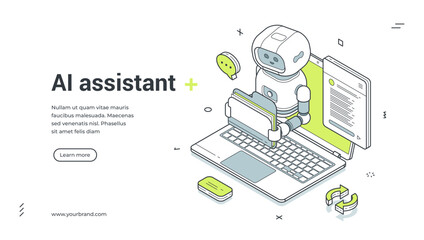 Obraz premium AI assistant isometric banner. Chatbot for customer support and online service vector illustration. Robot on laptop for virtual help and technical consultation. Web template for landing