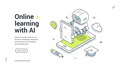 Plakat Online learning with AI isometric banner. Robot for digital education and mobile e-learning. Modern web template vector illustration for a landing page and educational service
