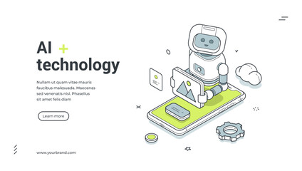 Obraz premium AI technology isometric banner. Robot for image processing and cloud data. Modern web template vector illustration for a landing page and mobile application service