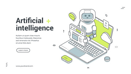 Naklejka premium Artificial intelligence isometric banner. Robot chatbot assistant on laptop for customer support. Modern web template vector illustration for a landing page and online service