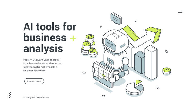 AI tools for business analysis isometric banner template. Artificial intelligence for data analytics and financial growth vector illustration. Modern web design for automation and marketing strategy