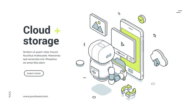 Cloud storage isometric banner. Data backup and file sync service vector illustration. Robot with smartphone for online media content hosting. Web template for landing page