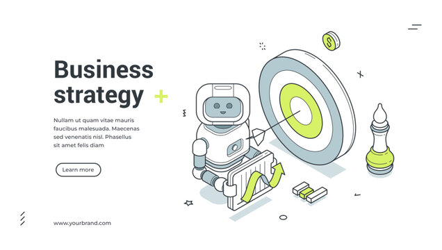 Business strategy isometric banner template. AI robot for goal targeting and market analysis vector illustration. Modern web design for corporate planning and development landing page