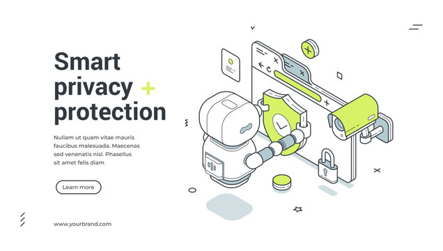 Smart privacy protection isometric banner. Robot for data security and web safety. Modern template vector illustration for a landing page and cybersecurity service