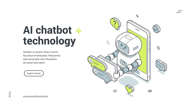 AI chatbot technology isometric banner. Robot assistant on smartphone for customer support. Modern web template vector illustration for a landing page and online communication service