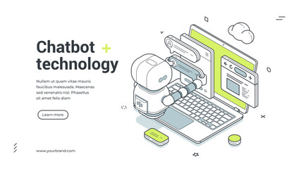 Obraz premium Chatbot technology isometric banner. Robot for customer support and online service automation. Web template vector illustration for AI assistant, live chat, virtual help on website