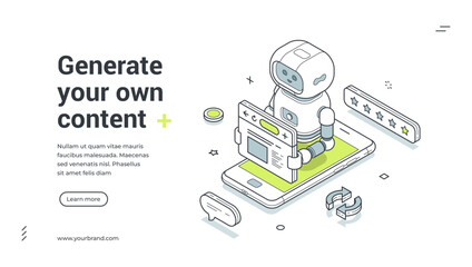 Generate own content isometric banner. Robot for user generated content and reviews on mobile app. Web template vector illustration for AI service, copywriting and brand reputation