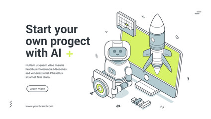 Start project with AI isometric banner template. Vector illustration for a landing page showing a robot and rocket launch. Modern technology concept for a business startup and innovation