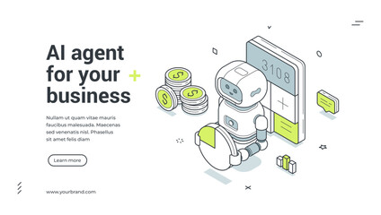 Obraz premium AI agent for business isometric banner template. Vector illustration for a financial landing page. Modern technology concept for data analysis and automation with a robot