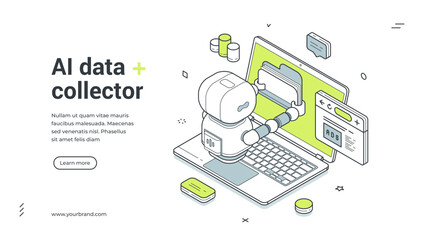 Obraz premium AI data collector isometric banner template. Vector illustration for a landing page with a robot gathering data. Modern technology concept for information mining, analysis, and business automation