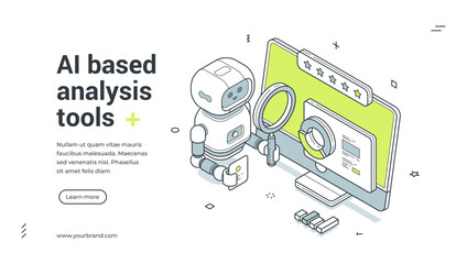 Obraz premium AI based analysis tools isometric banner template. Vector illustration for a landing page with a robot analyzing data. Modern technology concept for business intelligence and market research
