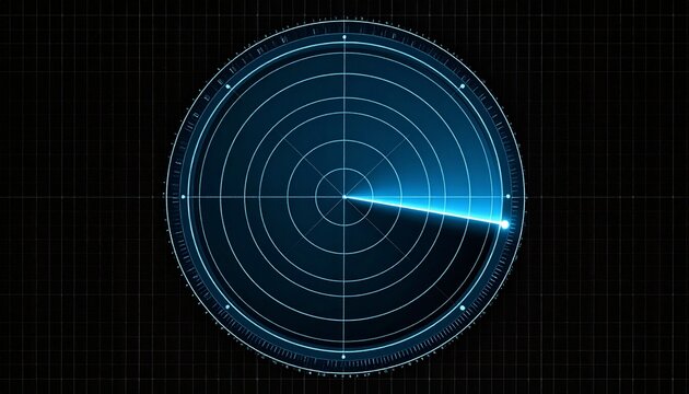 Circular radar screen with sweeping blue beam, concentric circles and radial lines, abstract surveillance visualization.