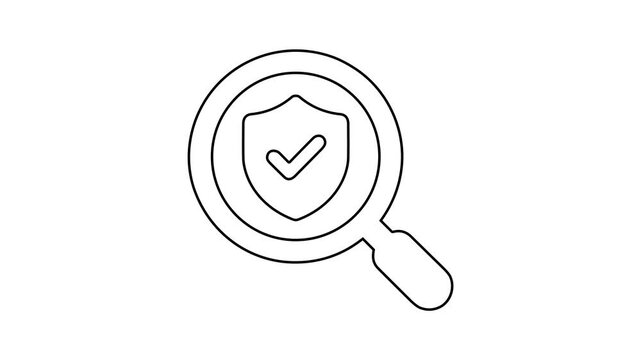 Line art animation showing search and shield with a checkmark