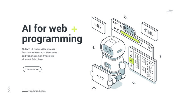 AI for web programming isometric banner template. Vector illustration for a landing page about coding and software development. Modern technology concept for automation with a robot