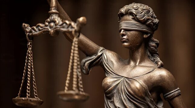 Blindfolded bronze Lady Justice statue with scales, representing impartial law, equity, and the pursuit of societal fairness