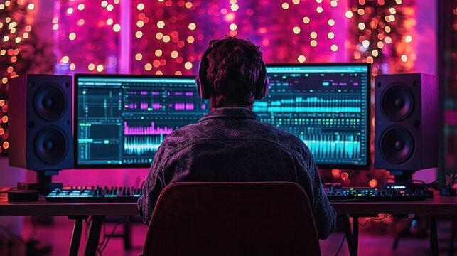 person seen from behind at a music mixing workstation with dual monitors showing audio waveforms, studio speakers, MIDI controller and colorful bokeh lights, focused and inspired at night