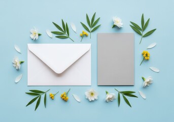 Fototapeta premium White envelope and tablet surrounded by yellow flowers and green leaves on blue background