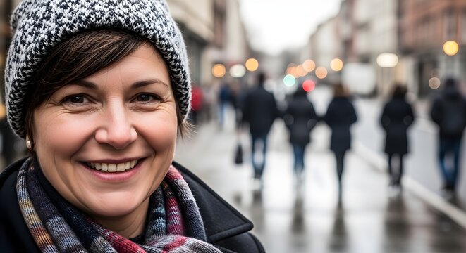 Smiling Woman in Winter Clothes Stands on a City Street with People in Background