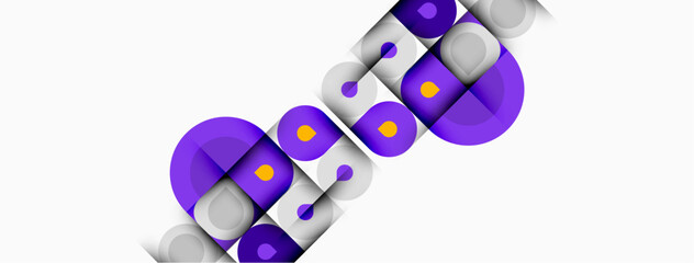Purple circles overlap gray rectangles. Minimalist design, modern aesthetic, clean lines, simple shapes, abstract composition.