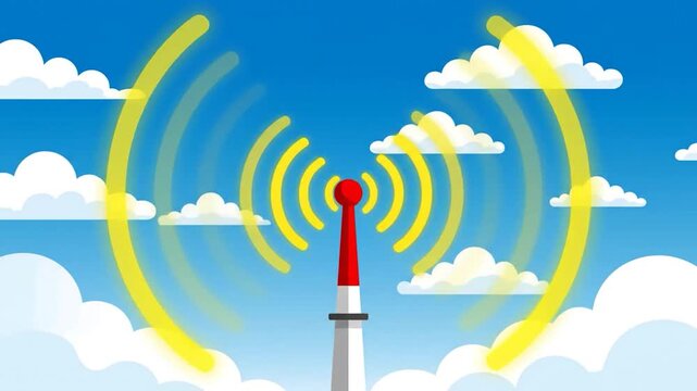 A red and white communication tower emits wireless signals into the blue sky
