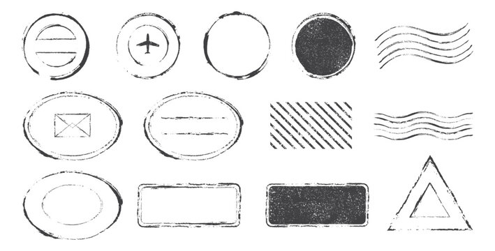 Blank postmarks and seals. Old grunge rubber stamp. Set of empty different rubber stamps.