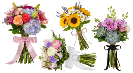 Obraz premium A collection of assorted flower bouquets is displayed against a png transparent. The bouquets vary in color and style, featuring roses, hydrangeas, lilies, sunflowers, lavender, and succulents.
