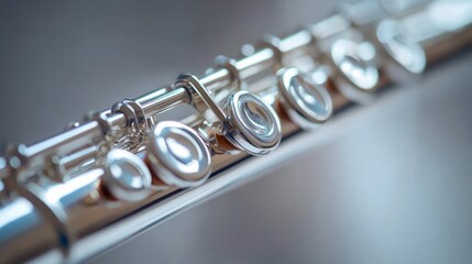 Close-up of polished silver flute keys with soft bokeh reflections, elegant and serene musical detail