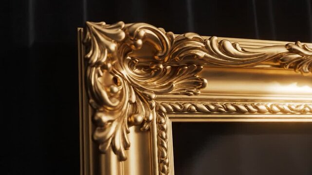 Close-up of an ornate golden picture frame with intricate carvings against