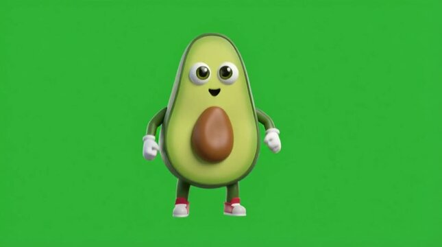 A smiling cartoon avocado character stands on green