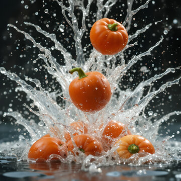 some vegetables thrown into the water amidst splashes
