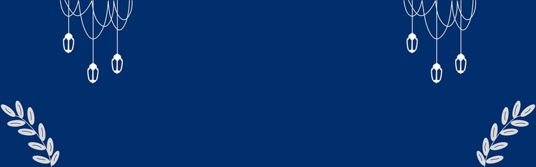 Fototapeta premium White Chandelier Ornaments and Leaf Sprigs on Deep Blue - Elegant Banner Background