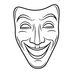 Comedy theater mask illustration, happy drama mask with laughing expression, minimalist line art vector isolated on white background

