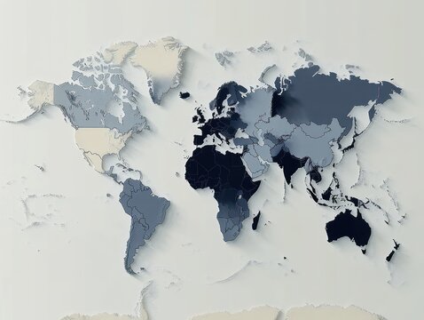 layered paper cutout world map in cool blue and gray tones with soft shadows and subtle relief, evoking a calm and contemplative global aesthetic