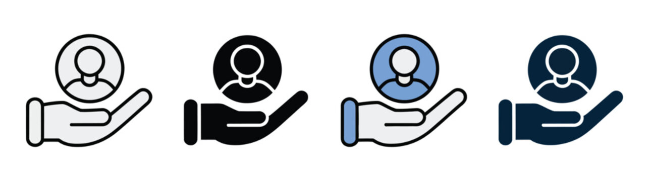 Customer care multiple style icon design vector featuring hand holding a user avatar encircled by a rotating arrow, symbolizing customer retention, personalized service