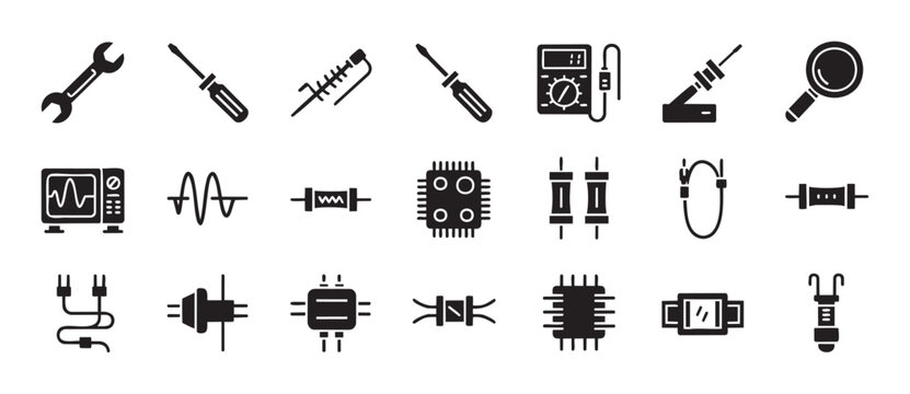 Comprehensive collection of electronics tools and components icons, essential for electrical engineering, repair, and DIY projects, perfect for technology blogs, maintenance service
