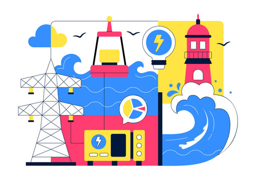 Renewable Ocean Wave Energy Technology Vector Illustration Featuring Sustainable Power Generation On Clean Blue Marine Background