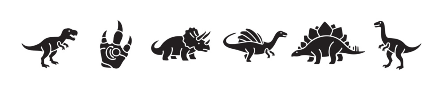 Dynamic silhouette icons of diverse prehistoric dinosaurs including TRex Stegosaurus Triceratops and a powerful footprint symbol ideal for educational resources and childrens projects