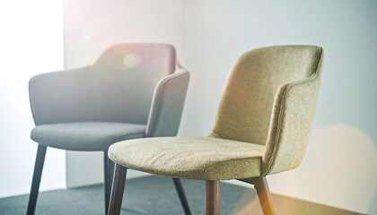 Obraz premium Modern chairs in room: Two modern chairs with different design, one with armrest, stand in a bright, minimalist room, inviting the viewer to consider the interplay of form and function. 