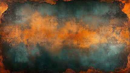 Naklejka premium weathered rust and teal patina textured metal background with distressed edges, moody atmospheric decay and warm-cool contrast