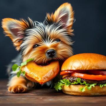Yorkshire terrier puppy greedily holding a burger bun in its mouth next to a whole burger