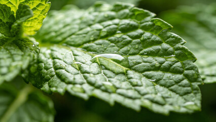 Obraz premium Mint leaves with water droplets in a farm close to blooming flowers and herbs