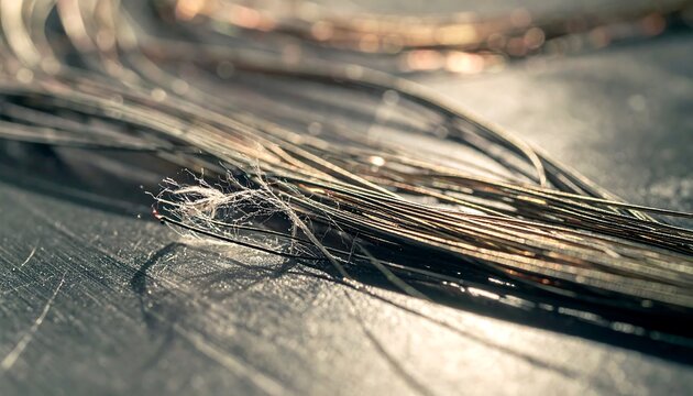 Metallic Strings' Close-up: a striking macro perspective showcasing a bundle of metallic strings. The close-up captures intricate details