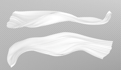 White silk fabric flowing in the air, realistic vector isolated on transparent background. Smooth cloth, textile with soft curves, flying wind movement or falling effect. Satin drape for luxury design